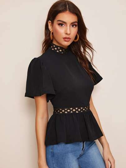 SHEIN Flutter Sleeve Circle Lace Insert Peplum Top Blouses For Women