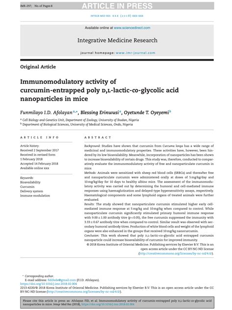 Pdf Immunomodulatory Activity Of Curcumin Entrapped Poly D L Lactic