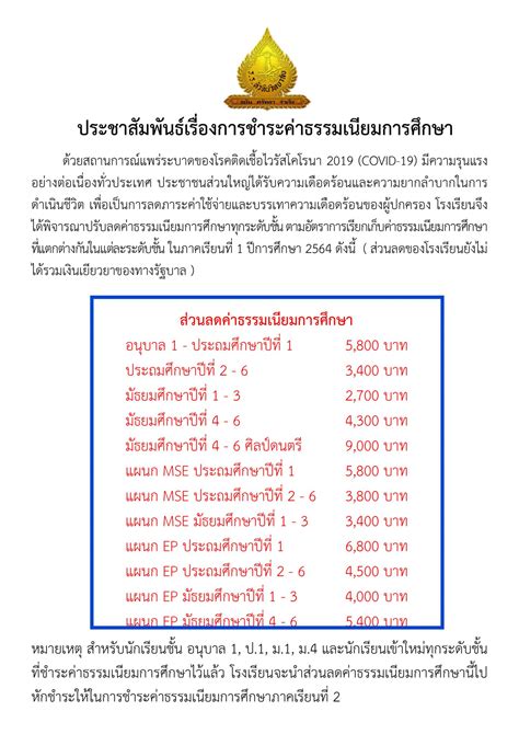 ประกาศ ค่าธรรมเนียมการศึกษา และ ช่องทางการชำระเงิน ภาคเรียนที่ 1 ปี