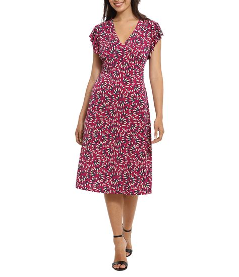 London Times Short Ruffled Sleeve V Neck Printed A Line Midi Dress