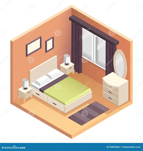 Isometric Bedroom Interior View In Light Blue White And Golden Colors