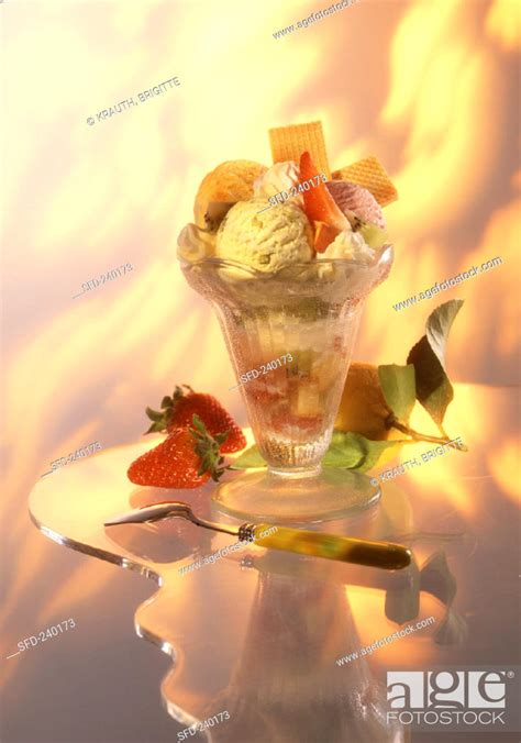 Mixed Ice Cream Sundae With Fruit And Cream Stock Photo Picture And