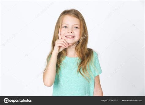 Portrait Thinking Pretty Blonde Girl Posing Front White Background