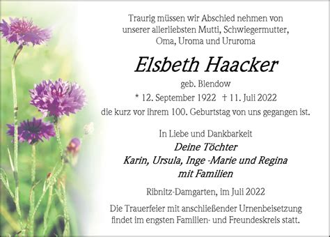 Traueranzeigen Von Elsbeth Haacker Trauer Anzeigen De