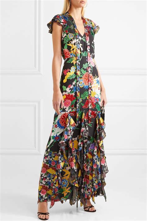 Alice Olivia Laurette Ruffled Floral Print Satin Maxi Dress Net A