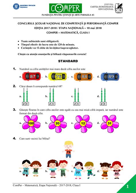 Subiect Comper Matematica Etapa N 2017 2018 Clasa 1 Cartea RomÂneascĂ