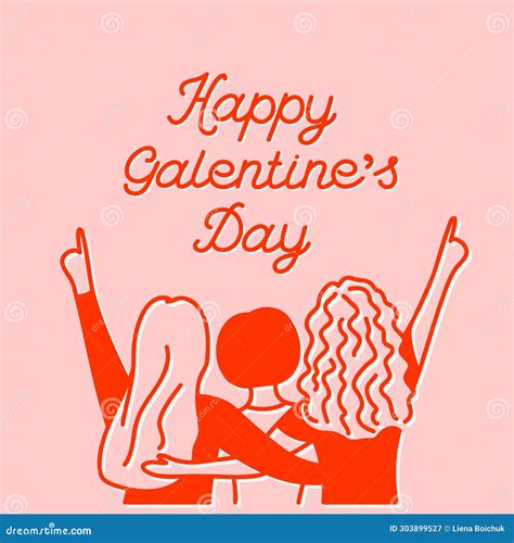 Happy Galentines Day Three Hugging Girls Slumber Party Pink And Red Combo Hand Drawn Square