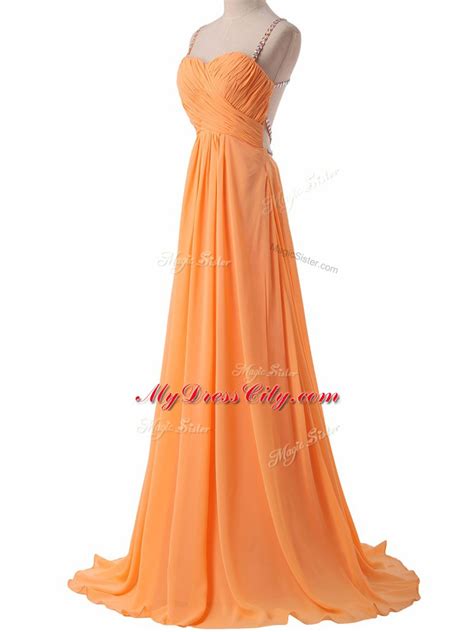 Spaghetti Straps Sleeveless Prom Gown Sweep Train Ruching Orange Chiffon