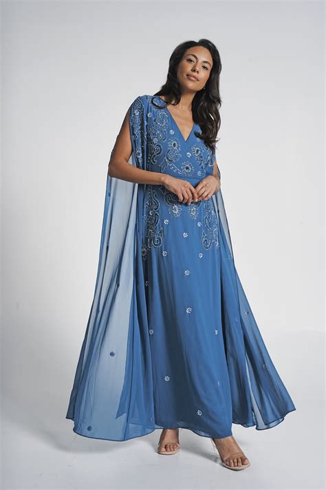 Laelia Blue Flower Embellished Maxi Dress With Cape Sleeves Frock And