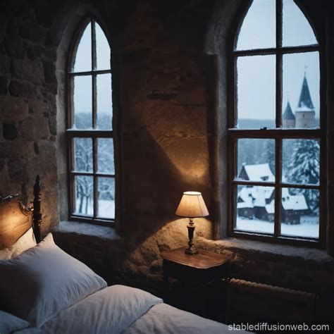 Frozen Winter Outside The Window But Warm Inside The Bedroom Of A