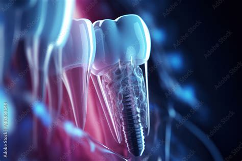 An X Ray Image Displaying A Dental Implant Anchored In The Jawbone