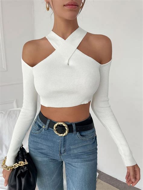 Crisscross Cold Shoulder Ribbed Knit Sweater Trendy Women S Fashion