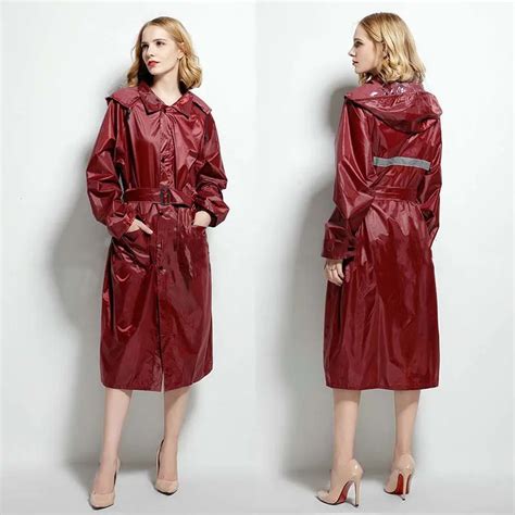 Long Red Stylish Raincoat Hooded Women Waterproof Breathable Ladies Rain Coat Jacket Poncho