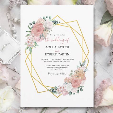 Blush Pink Floral Gold Geometric Invitation Zazzle