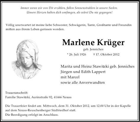 Alle Traueranzeigen für Marlene Krüger trauer rp online de