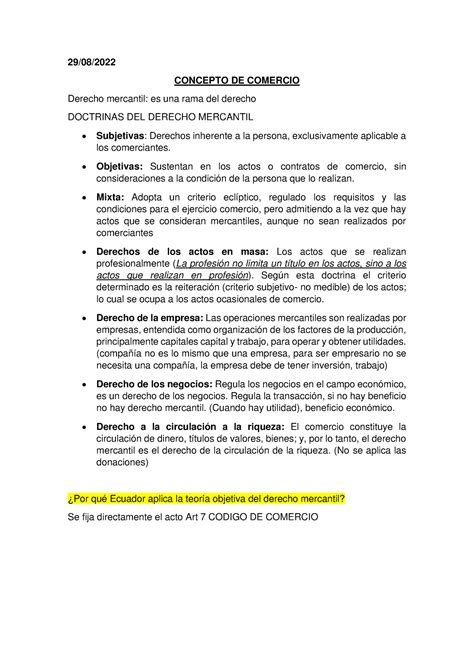 Apuntes 1ER Parcial 29 08 CONCEPTO DE COMERCIO Derecho Mercantil Es