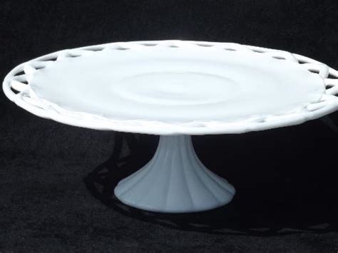 Vintage Open Lace Edge Milk Glass Cake Stand Footed Pedestal Plate