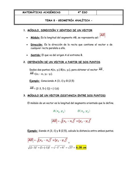 PDF TEMA 8 GEOMETRÍA ANALÍTICA MÓDULO DIRECCIÓN Y DISTANCIA DE