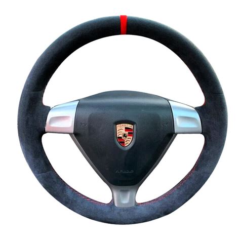 Black Suede Red Marker Steering Sew On Wheel Wrap Cover For Porsche