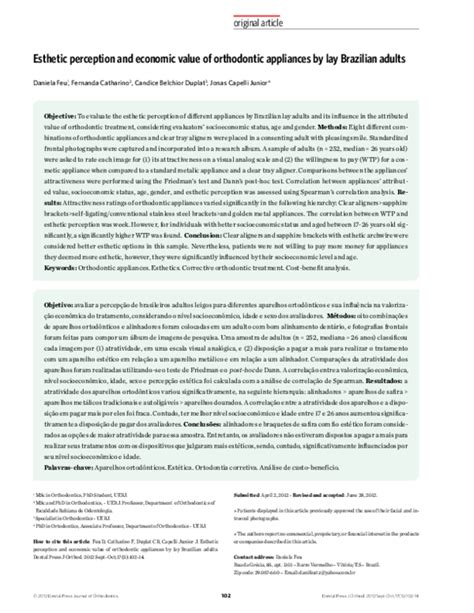 Pdf Esthetic Perception And Economic Value Of Orthodontic Appliances By Lay Brazilian Adults