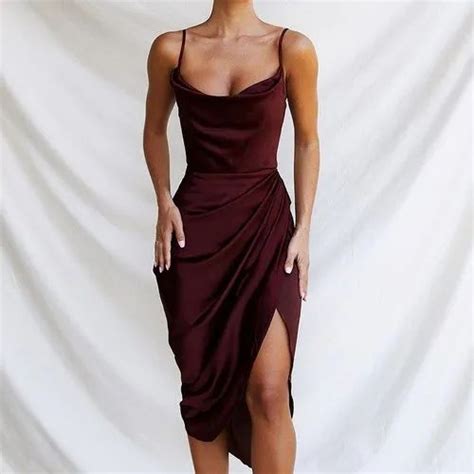 Sexy Spaghetti Strap Split Elegant Evening Party Satin For Women Trendy