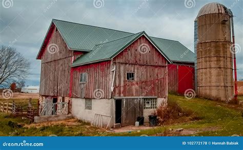 Rustic Red Barn With Silo In Wisconsin Stock Photo Image Of Stone