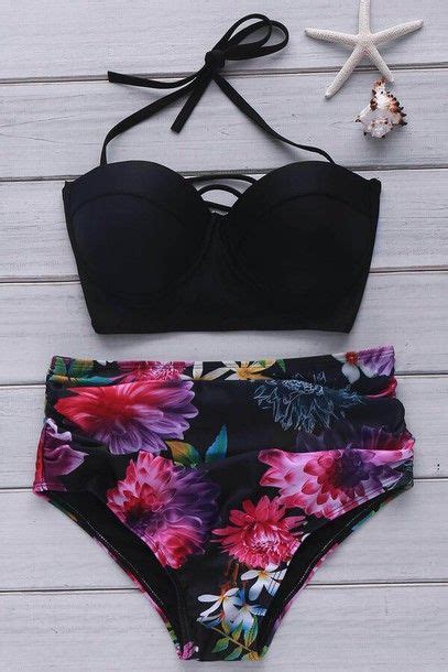 Wheretoget Black High Waisted Floral Print Two Piece Bikini Set