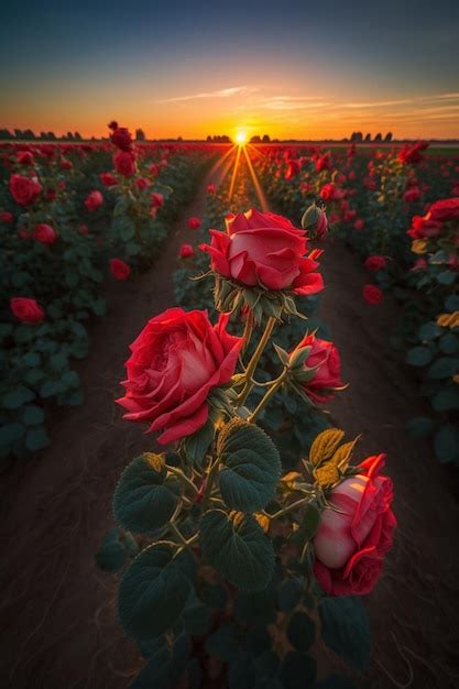 Um campo de rosas o sol se pondo atrás dele Foto Premium