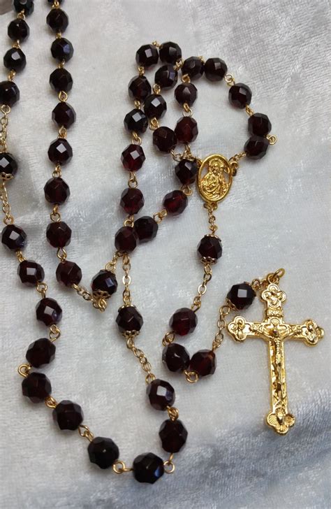 Catholic Rosary In Garnet 8mm Faceted Crystal Beads With Gold Etsy