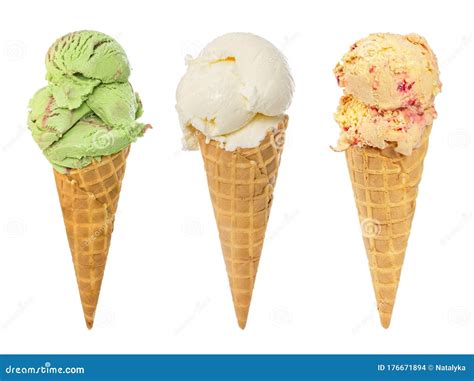 Set Of Ice Cream In Waffle Cone Isolated On White Stock Photo Image