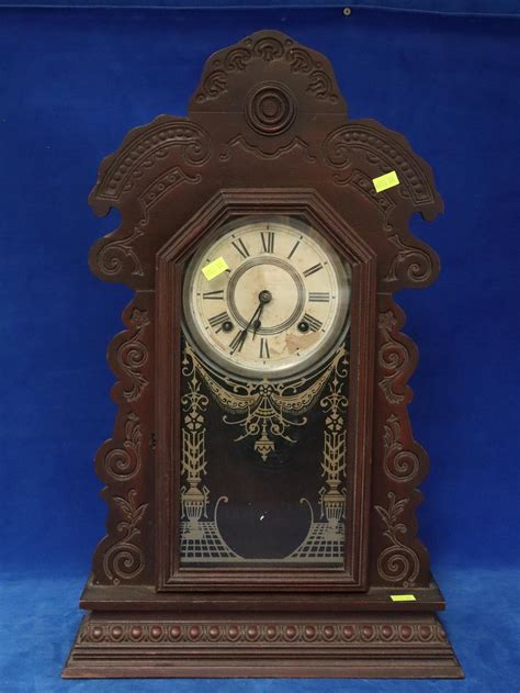 Lot Ansonia Clock Co Mantle Clock Carved Wood Case With Key And