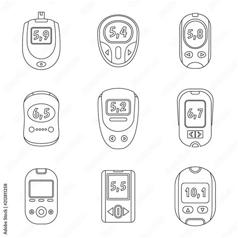 Glucose Meter Sugar Blood Test Device Icons Set Outline Illustration