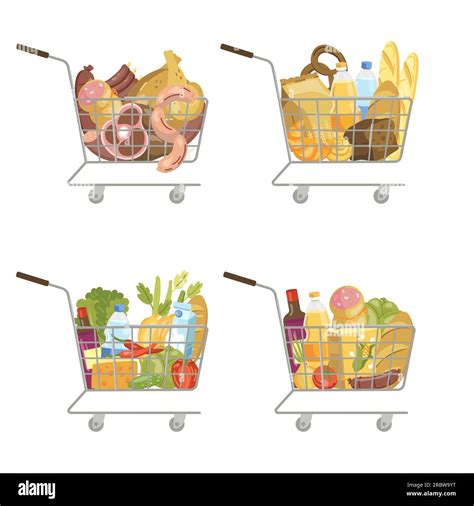 Vector Illustration Of Various Grocery Sets Carts In The Supermarket