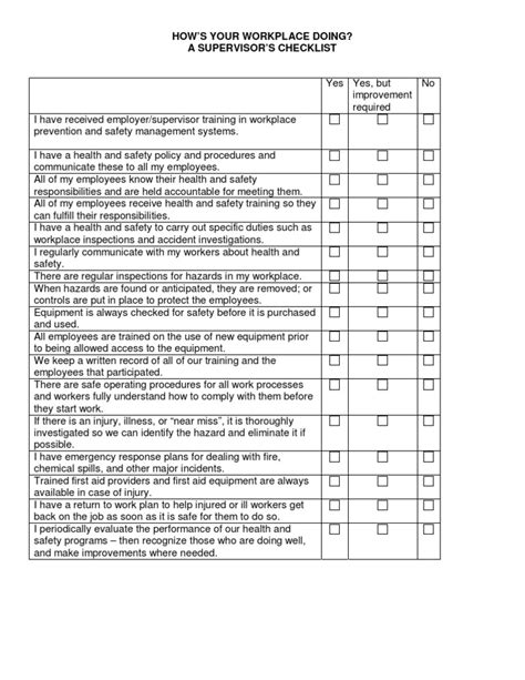 Supervisor Checklist Occupational Safety And Health Safety