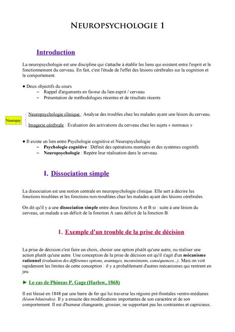 Neuropsychologie Notes De Cours Neuropsychologie Introduction