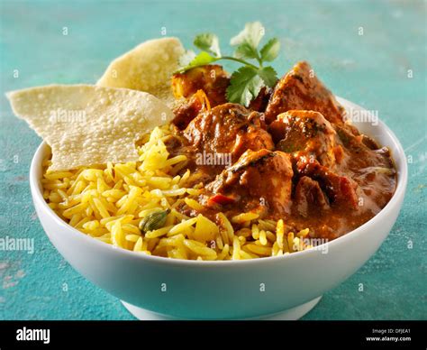 Chicken Jalfrezi Pilau Rice And Popodoms Indian Traditional Curry Stock