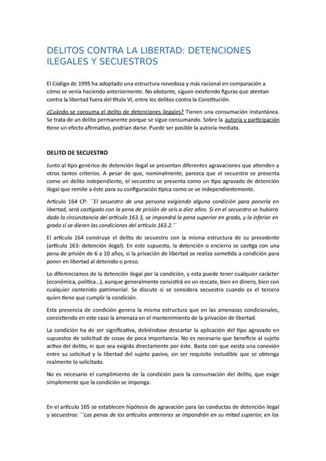 Detención Ilegal Y Secuestro Delitos Contra La Libertad Detenciones