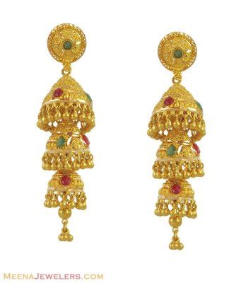 22k Precious Stones Jhumka Earrings - ErFc11121 - 22K yellow gold ...