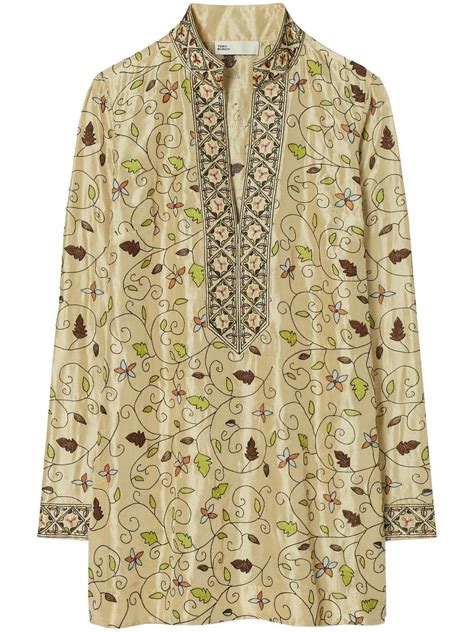 Tory Burch Leaf Print Silk Tunic Farfetch