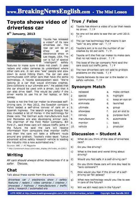 Breaking News English 2 Page Mini Lesson Driverless Cars