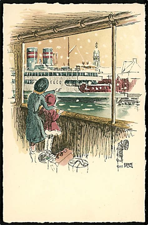 ebbe fog julekort med mor og datter der kigger pa faergen  witt