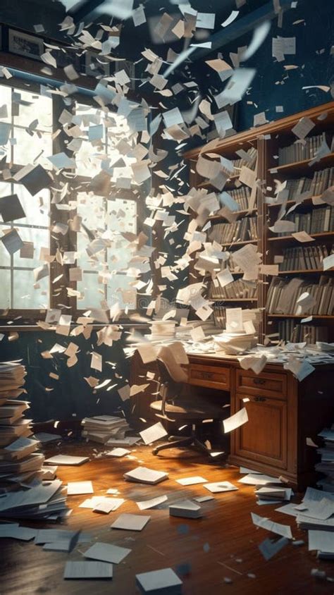 cluttered office workspace  papers flying creating  chaotic scene