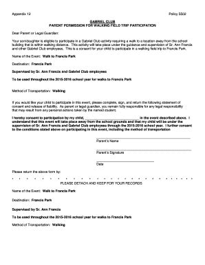 Fillable Online Walking Permission Slip Francis Park Gabriel Clubdoc