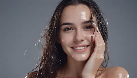 Premium Photo Graceful Charm Attractive Woman With Wet Brunette Hair Poses With A Charming