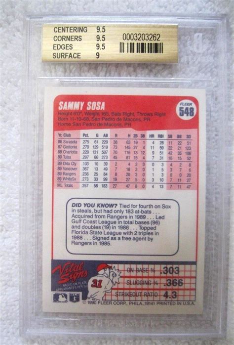 Sammy Sosa Rc Fleer Rookie Card Graded Gem Mint Bgs White