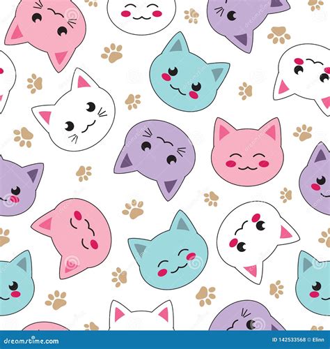 Seamless Kawaii Pattern Cute Cat Faces Vector Illustration Stock Vector