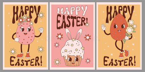 Happy Easter Posters Collection Retro Cartoon Characters Easter Eggs And Cake Cupcake With