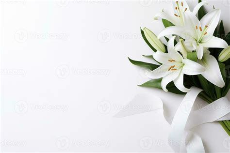 White Lily Bouquet With Ribbon On White Background Funeral Concept Ai