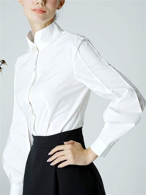 Shop Blouses White Elegant Solid Stand Collar Cotton Blouse Online