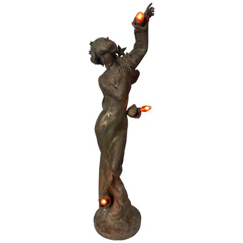 French Art Nouveau Figural Spelter Newel Post Lamp Paris Foundry Mark